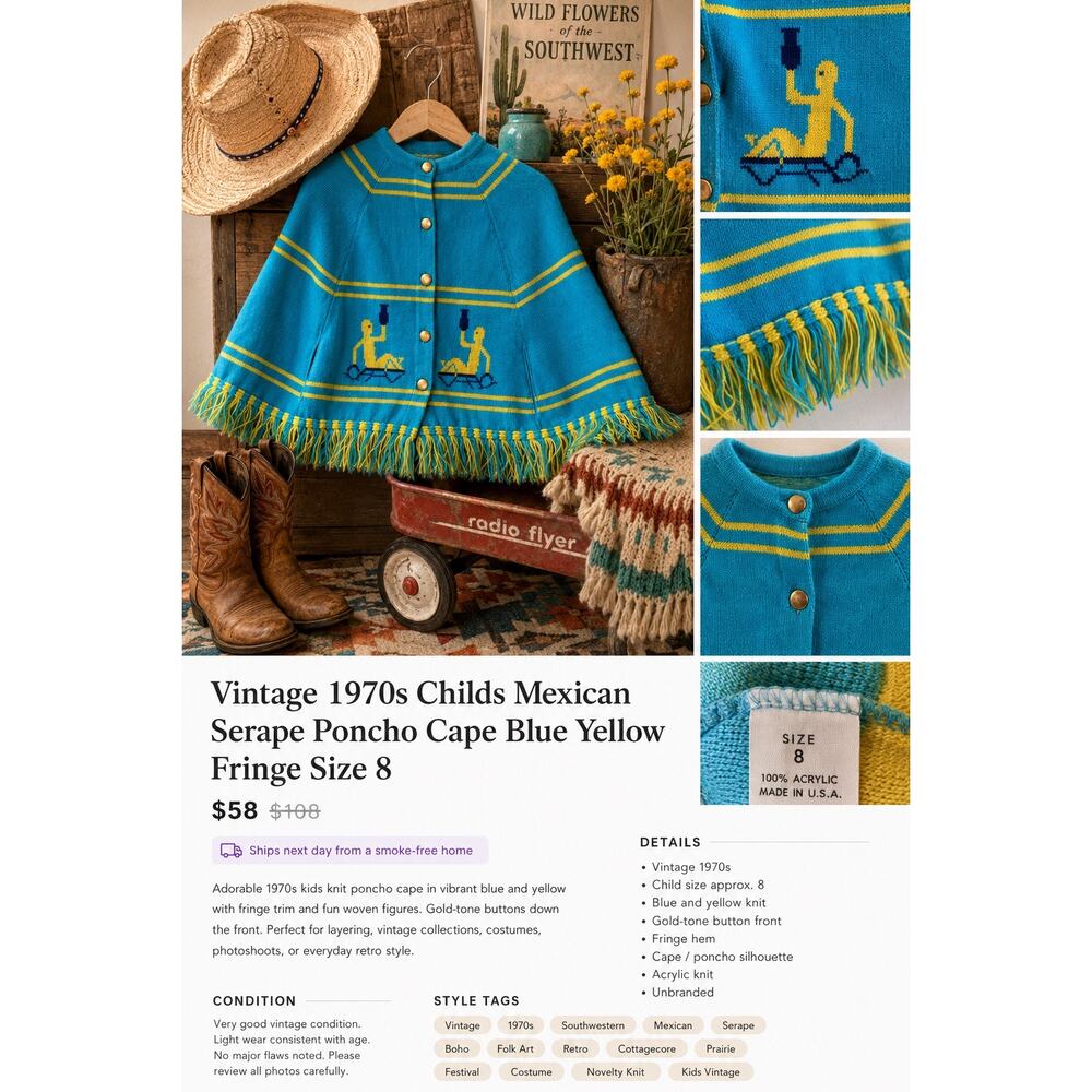 Vintage Kids Southwestern Fringe Cape Poncho Blue Yellow Knit Serape Size 8